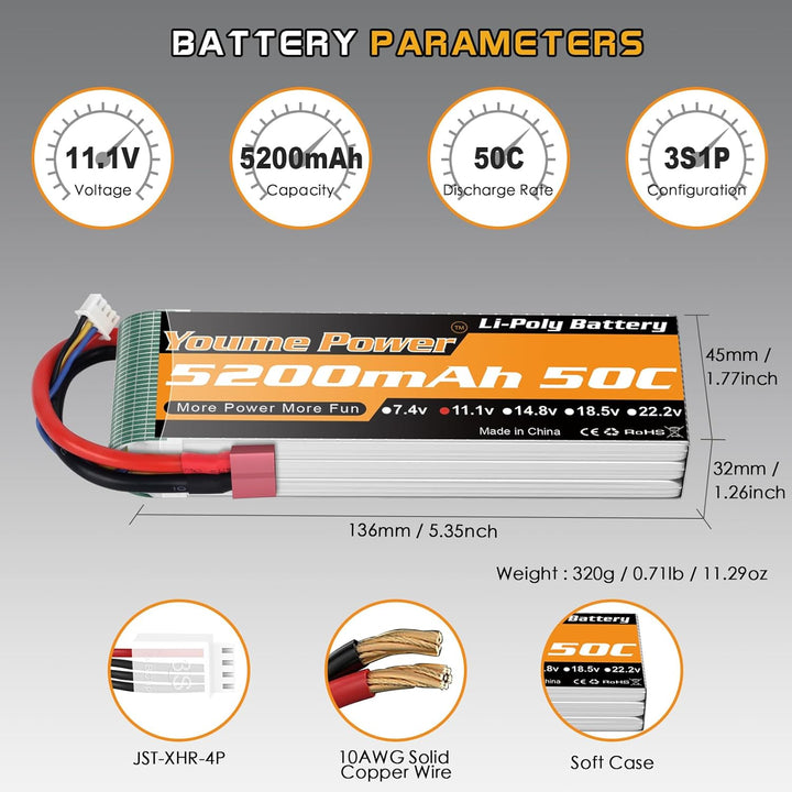 2 Packungen 11,1 V Lipo Batterie 5200 mAh, 3 S Lipo Batterie 50C mit Deans T Stecker für RC Auto/LKW