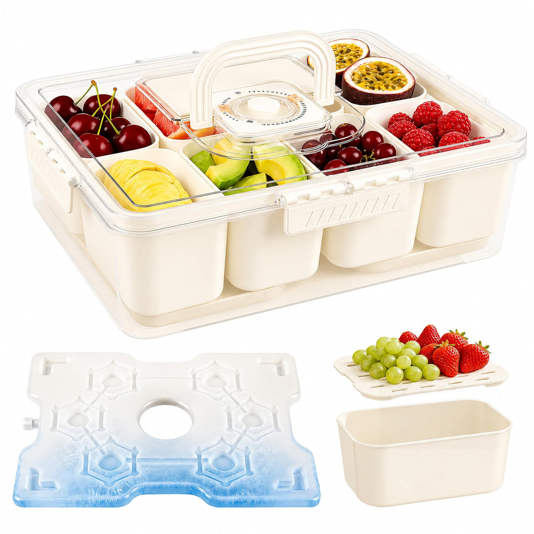 IEEILULU Snackbox mit 8 Fächern und Abtropfboden für Obst, Snacks, Saucen usw, Snackteller mit Fäche