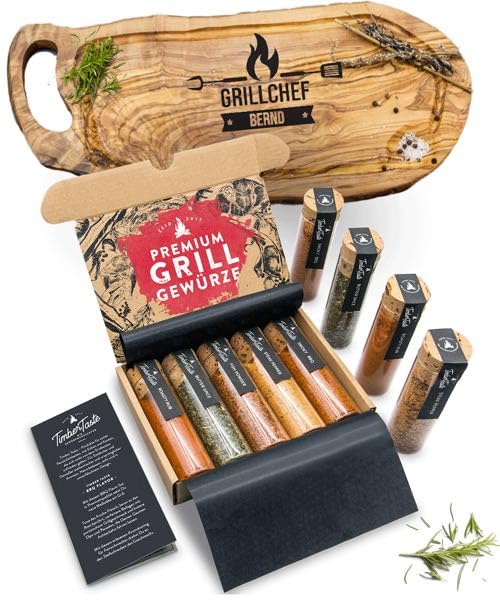 BBQ Grill Gewürz & Grillbrett für Männer [+ PERSONALISIERT] - 5 erlesene Grillgewürze inkl. Rezepte,