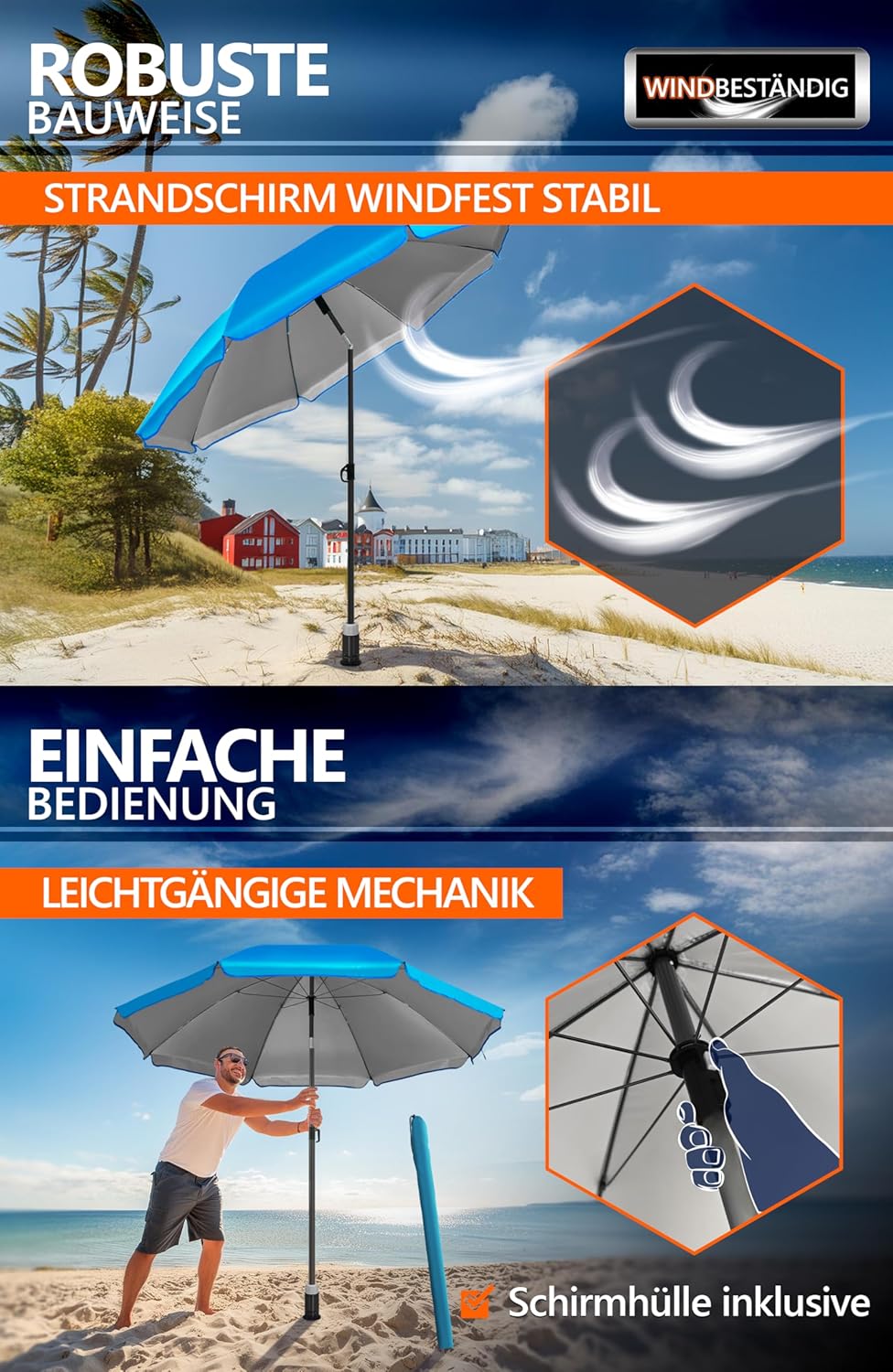 4smile Sonnenschirm Strand SunnyJoy als 3-IN-1 SET, Blau - UPF 50+ Strandschirm mit Bodenhülse & Sch