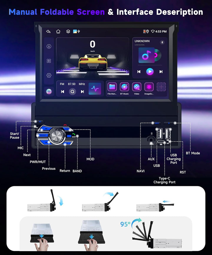 8 KERN 4G+64G Android 15 Autoradio 1 Din mit Drahtlos Carplay Android Auto, 7 Zoll HD Manuell Klappb