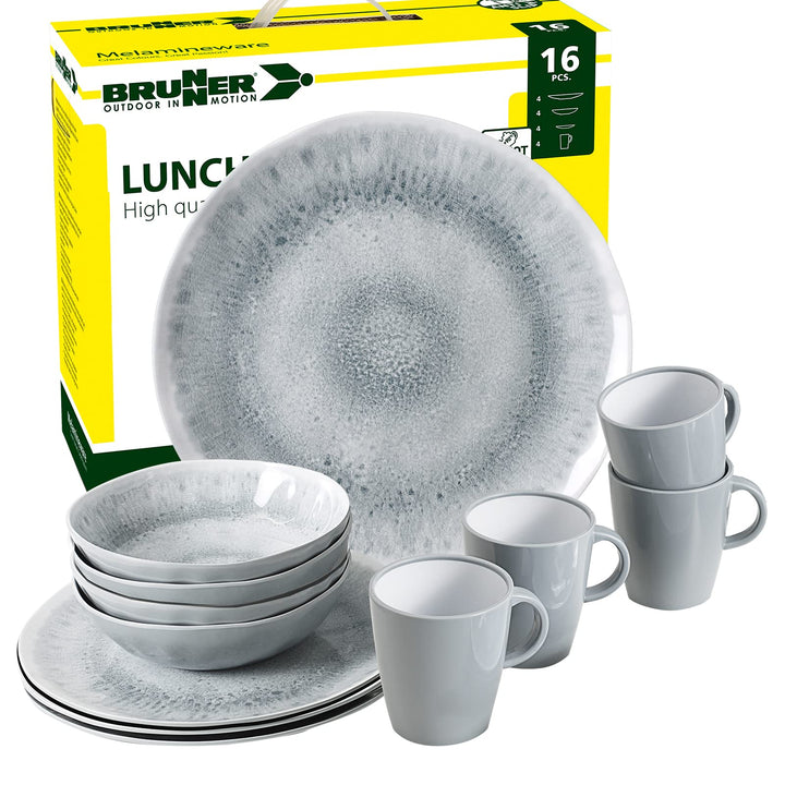 BRUNNER - Campinggeschirr Melamin (Set: 8, 12, 16 oder 40 Teilig), 2-4 Personen - Pearl - Hochwertig