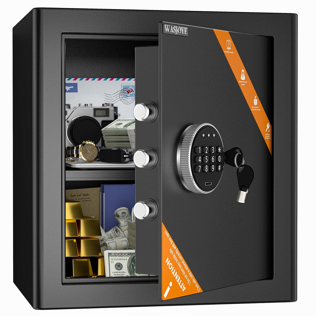WASJOYE 42L Tresor Safe Gross, Tresor mit Schlüssel Elektronischem Möbeltresor mit Zahlenschloss, Di