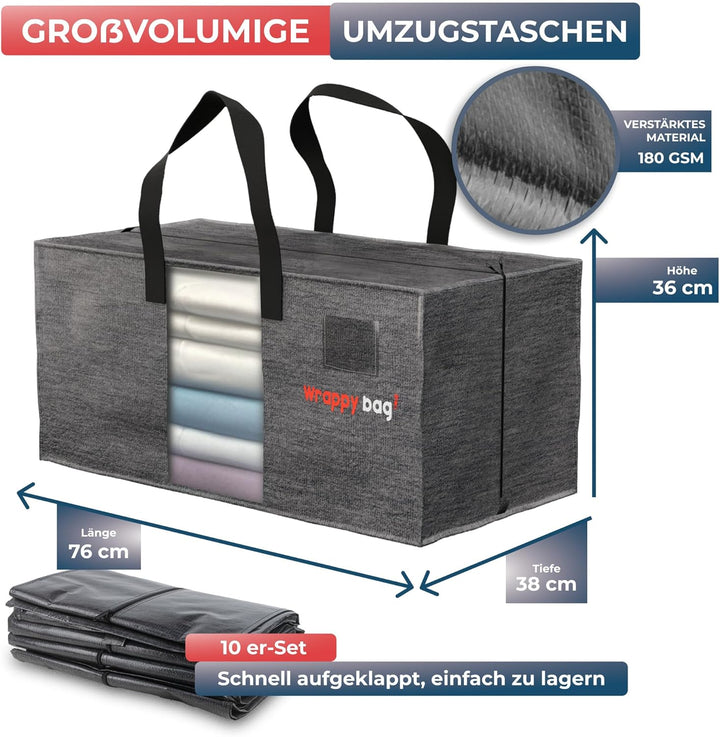 WRAPPYBAG 10er-Set Kunststoff Aufbewahrungstasche – Jumbo XXL Tasche Gross – Wasserabweisend, Stabil
