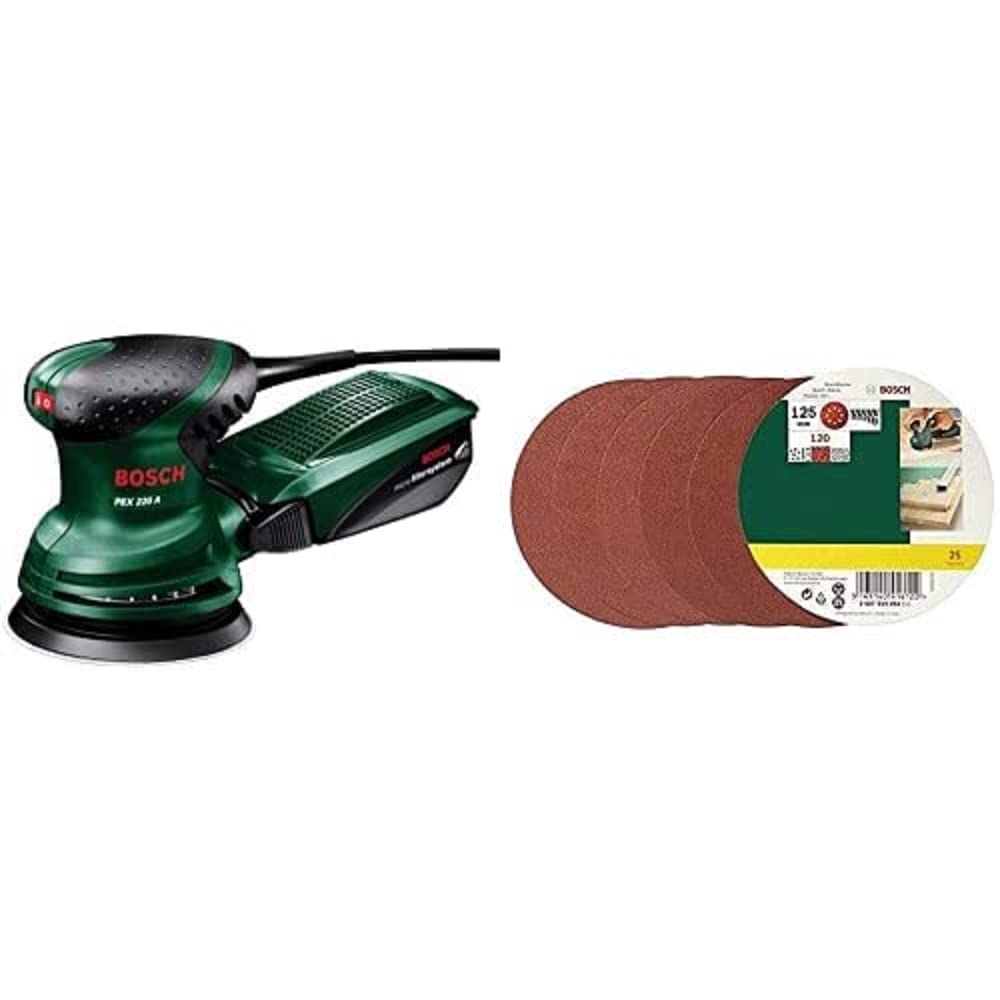 Bosch Exzenterschleifer PEX 220 A (220 Watt, im Karton) + 25tlg. Schleifblatt-Set (für verschiedene