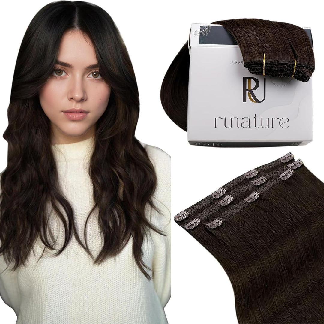 RUNATURE Clip in Extensions Echthaar Braun 50cm 3pcs Echthaar Extensions Clip Dunkelbraun Haarverlän