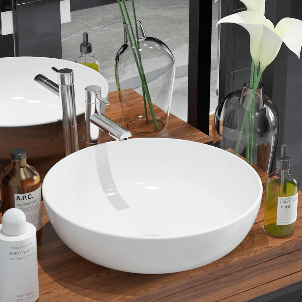 vidaXL Waschbecken Rund Keramik 41,5x13,5cm Waschschale Aufsatzwaschbecken Weiss, Weiß