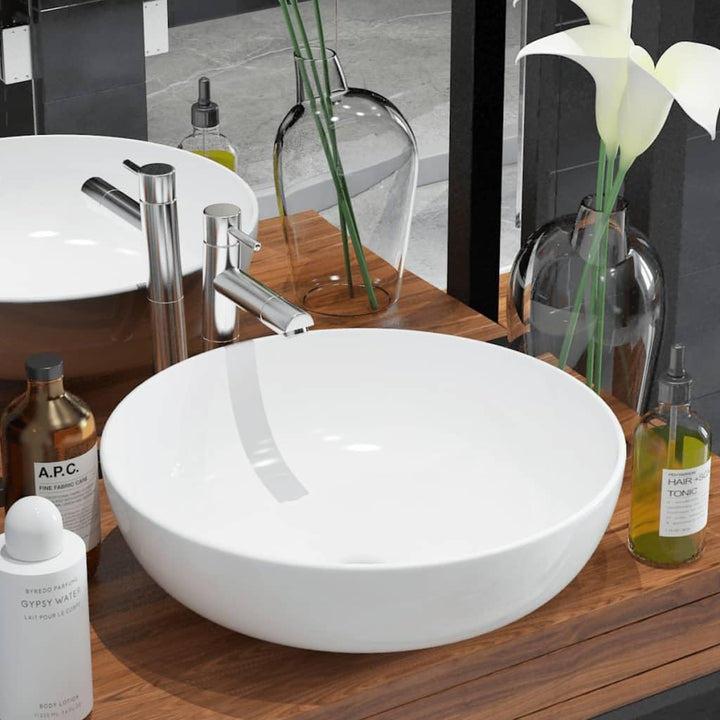 vidaXL Waschbecken Rund Keramik 41,5x13,5cm Waschschale Aufsatzwaschbecken Weiss, Weiß