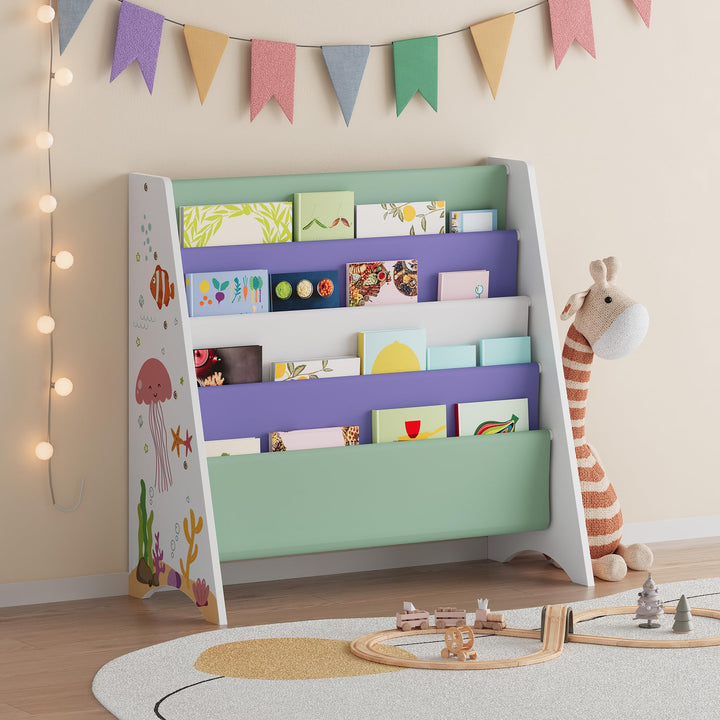 [en.casa] Bücherregal für Kinder Hornnes Kinderregal mit 4 Stofffächern Regal Kinderzimmer 60 x 62 x