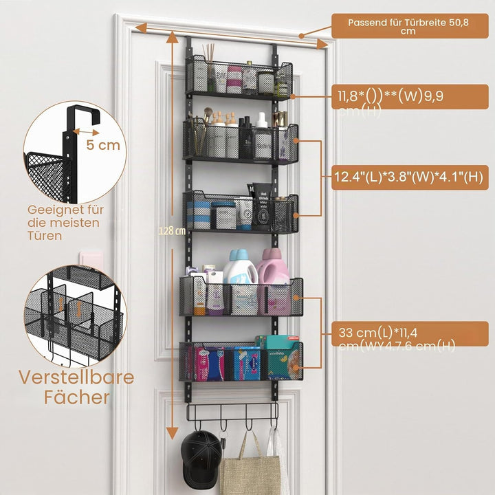 Über-der-Tür-Organizer, 5-stufig, 4 verstellbare Körbe und 8 Haken, freistehender Hänge-Organizer fü