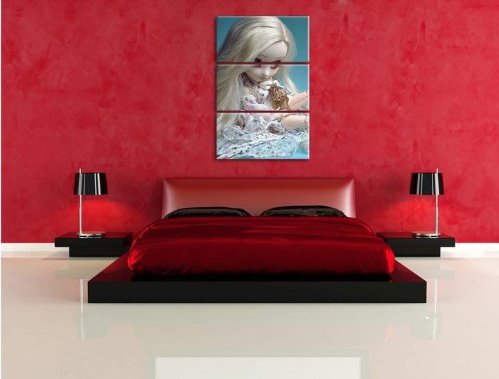 Pixxprint Blonde Pullip-Puppe mit Vogelkäfig als Leinwandbild/Grösse: 3 Teilig (120x80) cm/Wandbild/