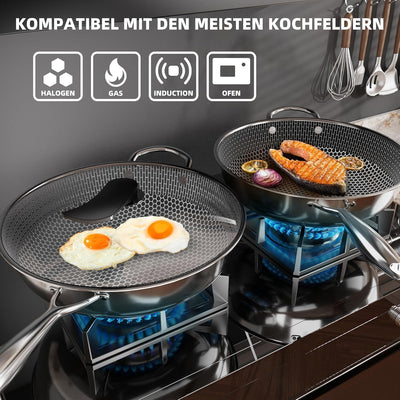 Kiseely Hybrid Wokpfanne mit Deckel 34 cm, Antihaft edelstahl Wokpfanne induktion, Bratpfanne mit An