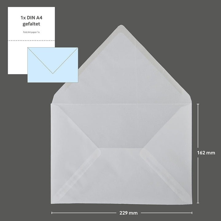 100 Stück, Transparente Briefumschläge, DIN C5, Nassklebung, Spitze Klappe, 90 g/qm Offset, Ohne Fen
