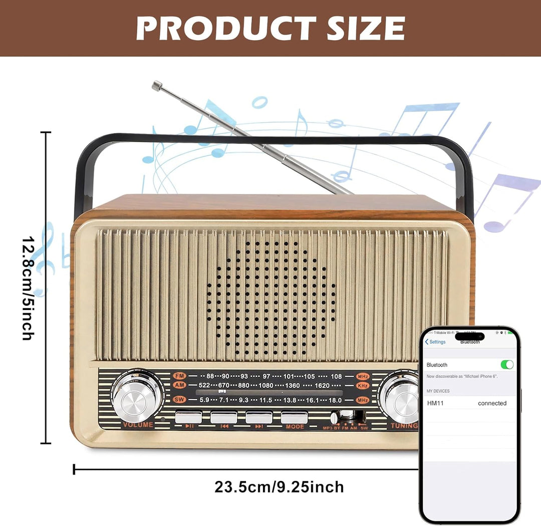 Retro Radio mit Bluetooth, Nostalgie Kofferradio Klein mit AM/FM/SW3, USB/TF/AUX, Wiederaufladbar, K