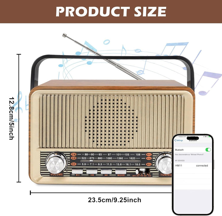 Retro Radio mit Bluetooth, Nostalgie Kofferradio Klein mit AM/FM/SW3, USB/TF/AUX, Wiederaufladbar, K