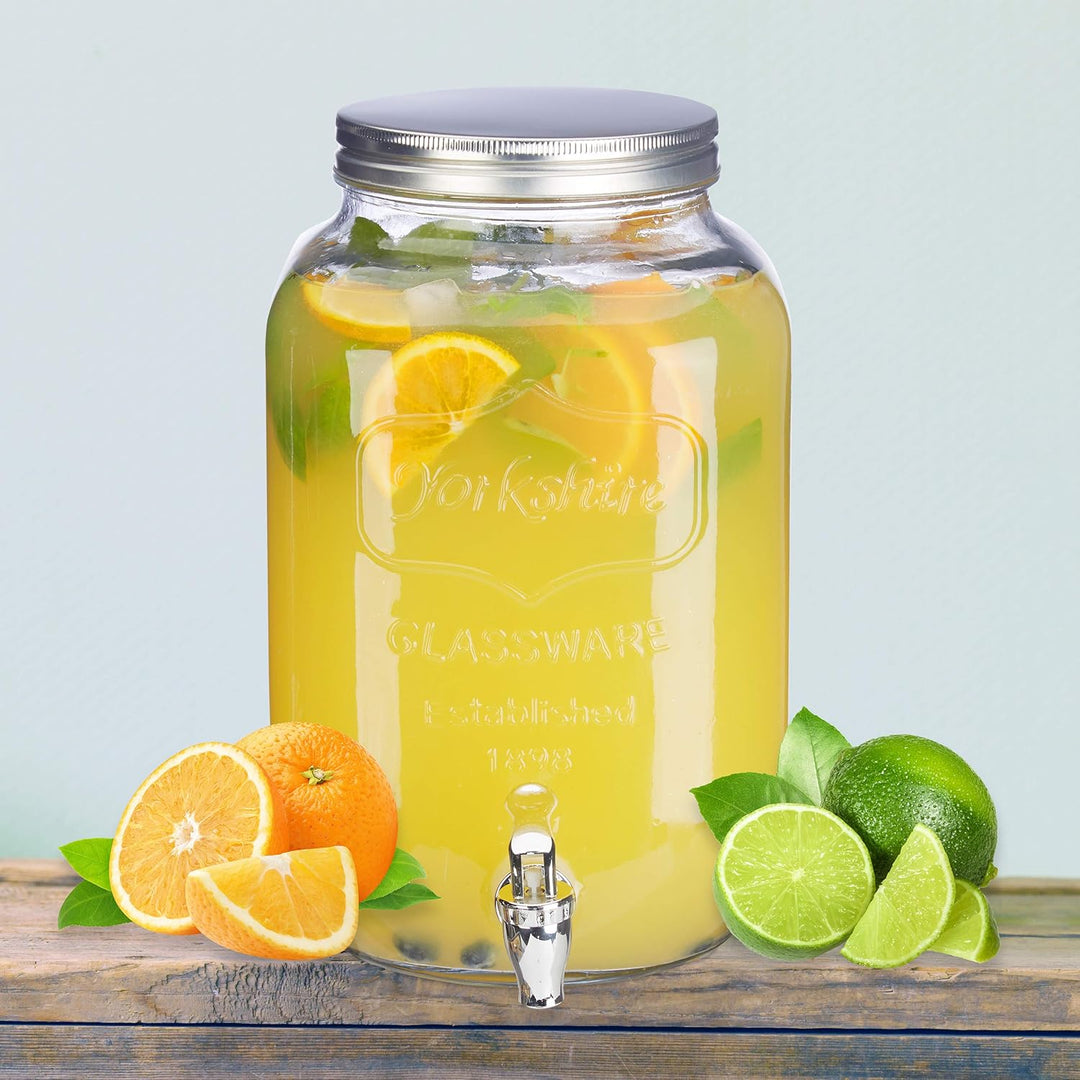 Relaxdays 2 x Getränkespender 8 l, Glas, Zapfhahn, Retro Saftspender Gastro, Vintage Limonadenspende