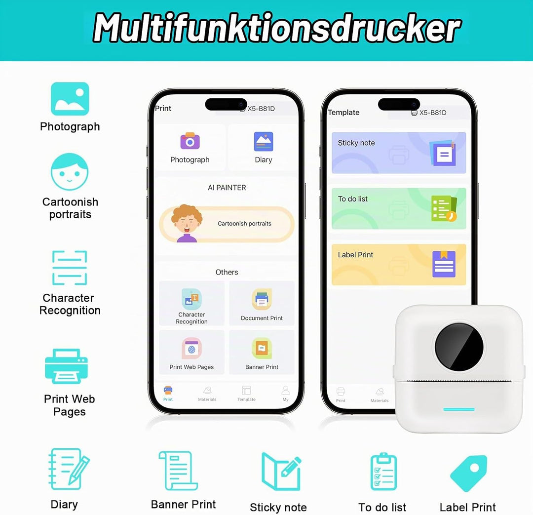 GuKKK Mini Drucker, Mobiler Fotodrucker, Tragbarer, Wireless Thermodrucker, mit 13 Rollen Druckerpap