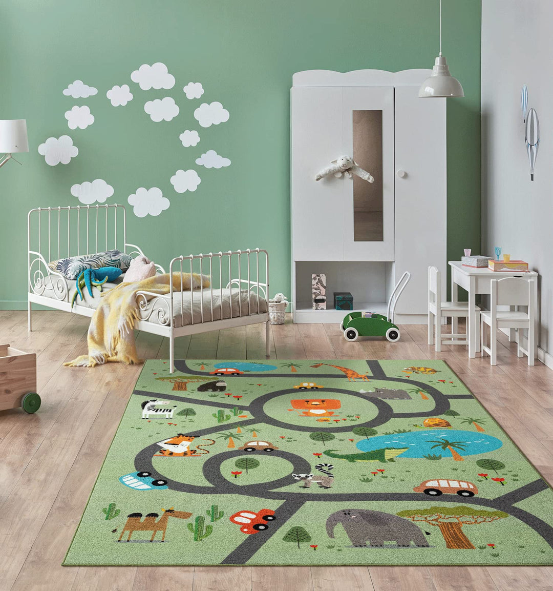 the carpet Happy Life – Kinderteppich Spielteppich mit Strassen‑Motiv, Dschungel, Tiere & Autos, rut