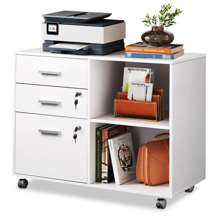 DEVAISE Rollcontainer mit 3 Schubladen und offenen Ablagen, Mobiler Aktenschrank mit Rollen, Drucker