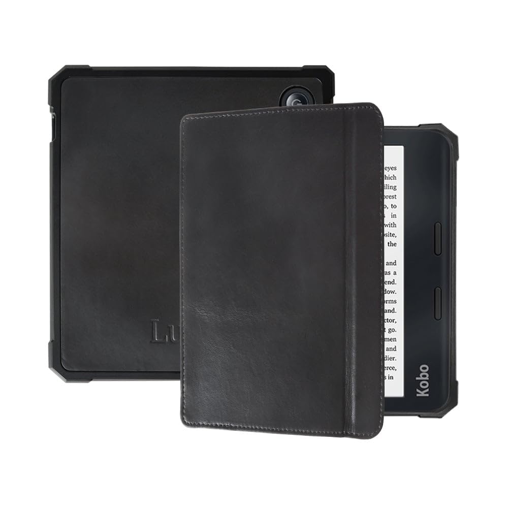 Lunso - Geeignet für Kobo Libra 2 Hülle (7 Zoll) - Leder Schleppcover - Schwarz