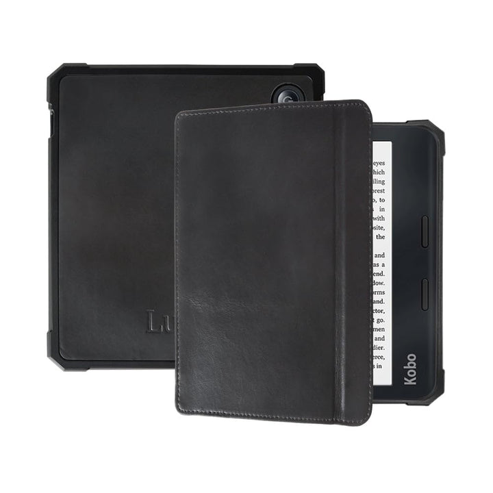 Lunso - Geeignet für Kobo Libra 2 Hülle (7 Zoll) - Leder Schleppcover - Schwarz