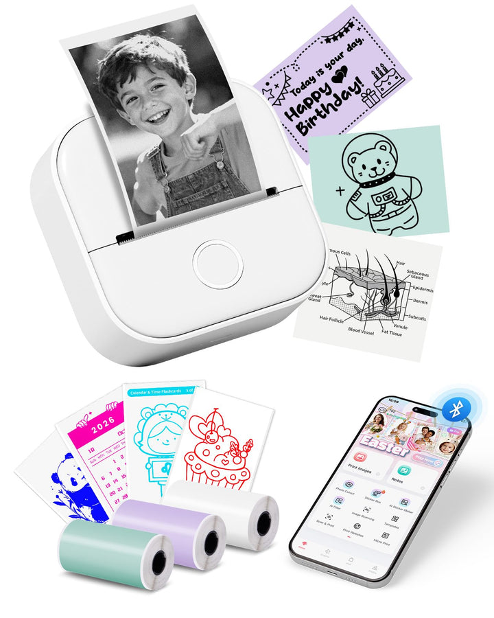 Memoking Tragbarer Mini Aufkleberdrucker – T02 Taschendrucker mit 3 Rollen Papier, Bluetooth-Fotodru