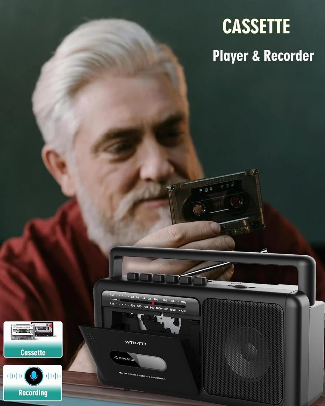 Tragbare Kassettenspieler Boombox,Vintage-AM/FM-Stereoradio mit Bluetooth, USB, Kopfhöreranschluss,