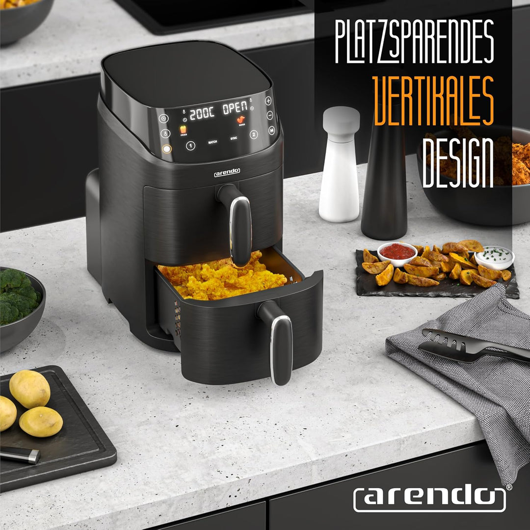 Arendo - Mini Heissluftfritteuse 2 Kammern - 5 Liter Doppelstock – 2000 Watt – 2 Frittierbehälter in