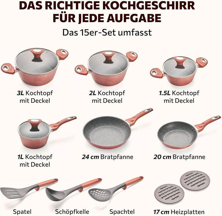 Topfset 15-teilig mit Antihaftbeschichtung - Kochtopf Set mit Deckel - Induktions Töpfe Set - Töpfe