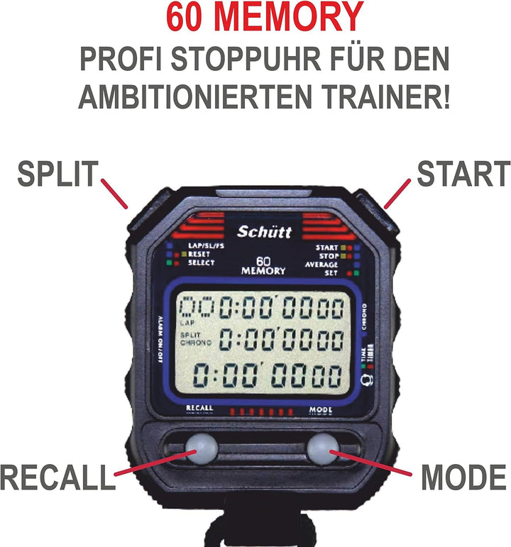 SCHÜTT Stoppuhr PC-90 (60 Memory Speicher | Uhrzeit & Datum | Dualtimer) - Digital Profi Stoppuhr mi
