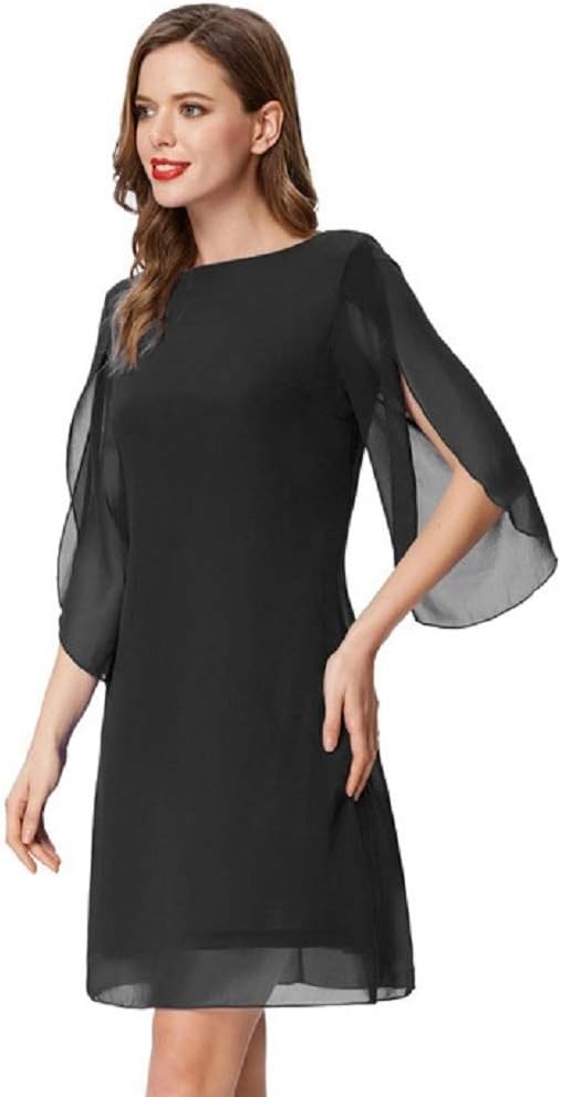 GRACE KARIN Damen Chiffon Kleid 3/4 Ärmel Cocktailkleid Loose Elegant Abendkleid S Schwarz, S Schwar