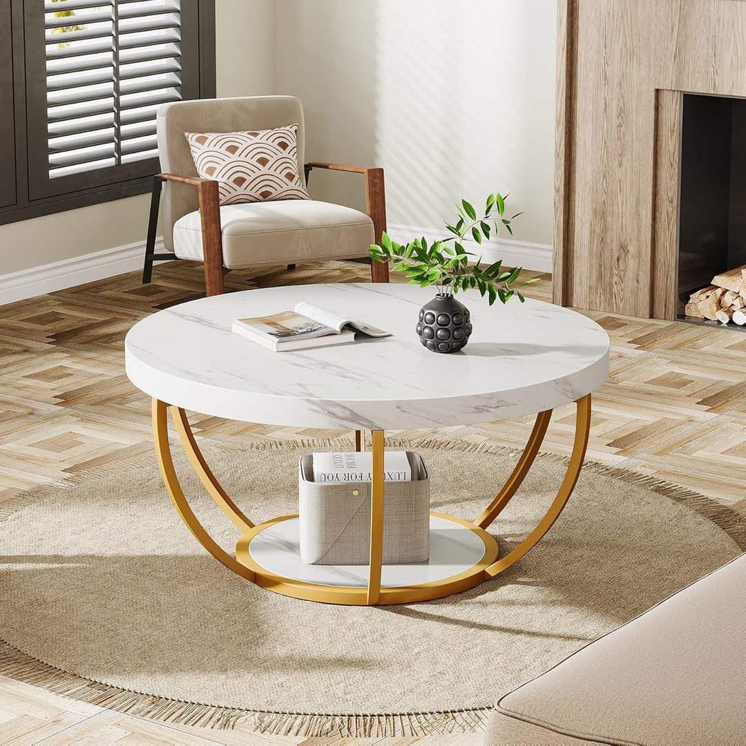 Tribesigns moderner runder Couchtisch, 2-stöckiger Couchtisch mit weissem Marmor und goldenen Metall
