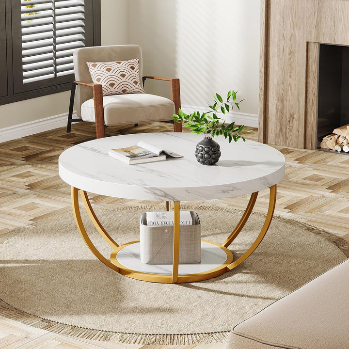 Tribesigns moderner runder Couchtisch, 2-stöckiger Couchtisch mit weissem Marmor und goldenen Metall