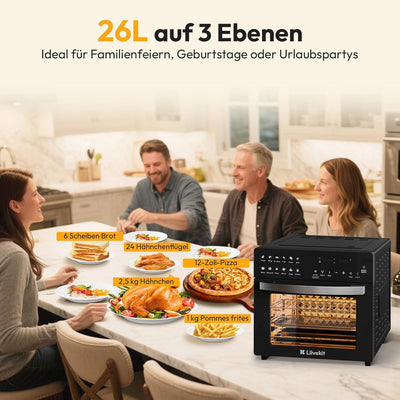 LLIVEKIT Heissluftfritteuse Minibackofen 26L, 1700W Airfryer XXL mit 12 Programmen und Rezeptbuch, H