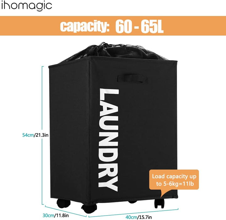 IHOMAGIC Wäschekorb mit Rädern Grosse 65L, Zusammenklappbarer Rollender Wäschekorbe aus Oxford Stoff