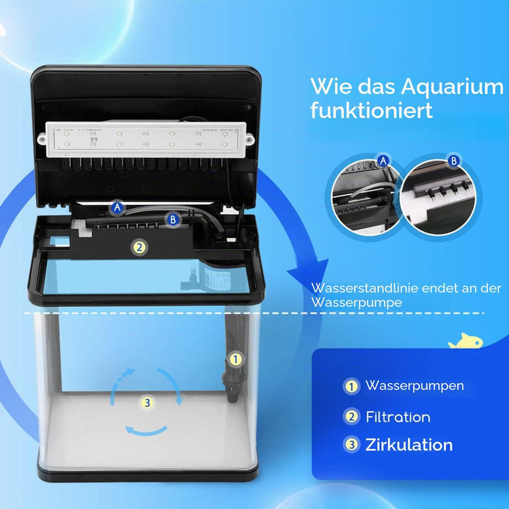 Nobleza - Nano-Fischtank-Aquarium mit LED-Leuchten & Filtersystem, tropischeAquarien, 7 Liter, Schwa