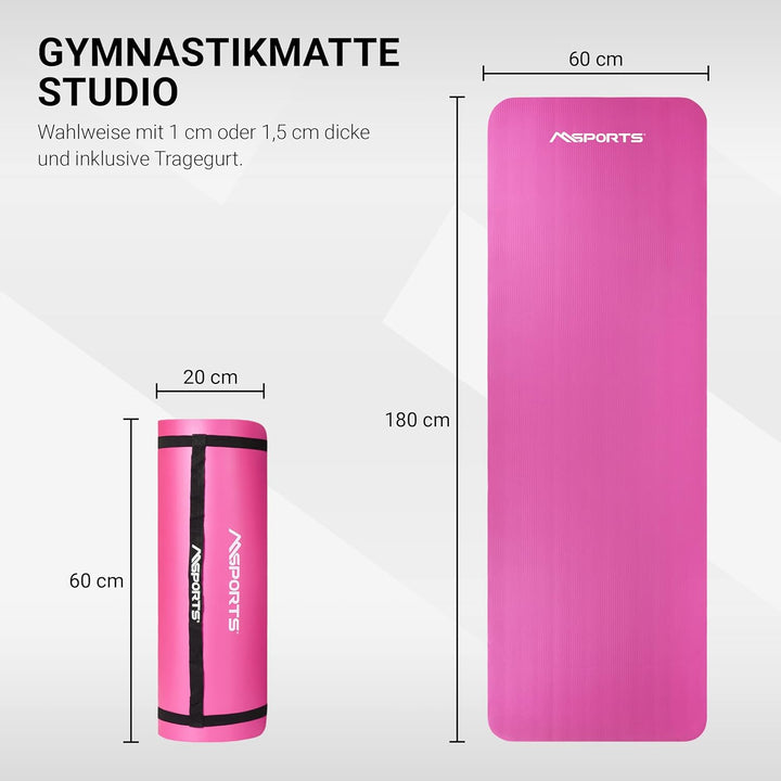 MSPORTS Gymnastikmatte Studio 183 x 61 x 1,0 oder 1,5 cm | inkl. Übungsposter und Tragegurte | Hautf
