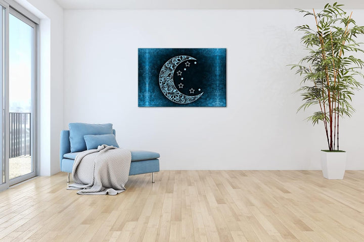 deyoli Abstrakter Mond mit Sternen Format 80x60 Effekt: Monocrome Blau als Leinwandbild, Motiv ferti