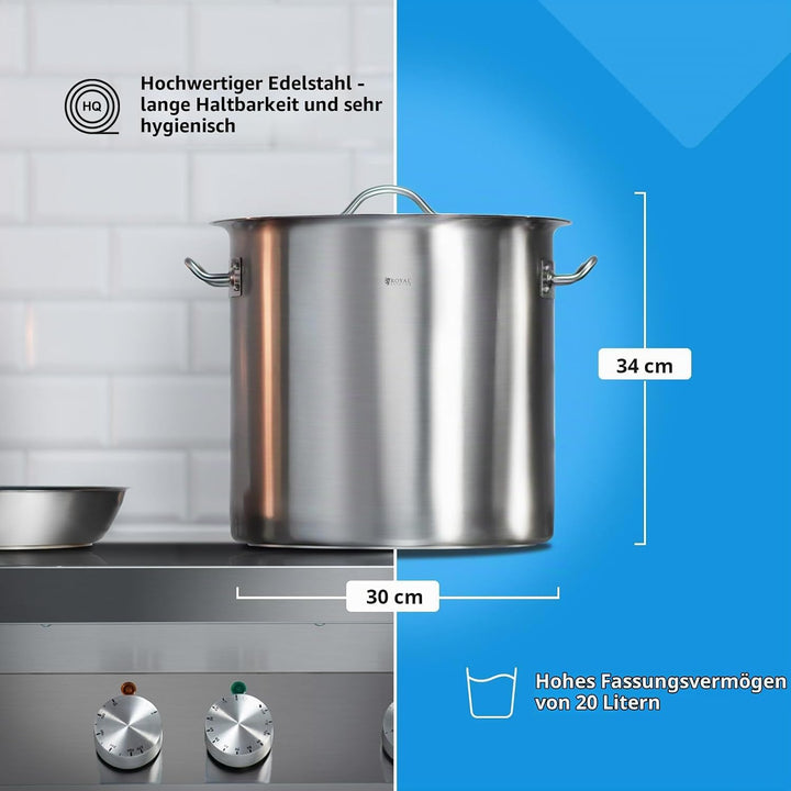 Royal Catering RCST-21E3 Edelstahltopf mit Deckel Edelstahlkochtopf Kochtopf Induktion (20 Liter, Bo
