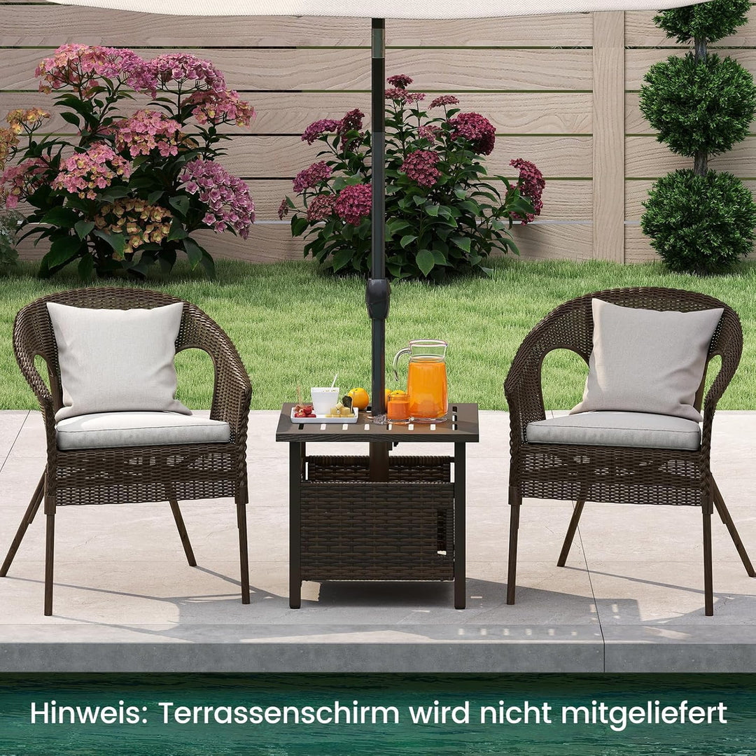 COSTWAY Beistelltisch Outdoor wetterfest, Rattan Gartentisch mit Schirmloch und 2 Sandsäcken, Kleine