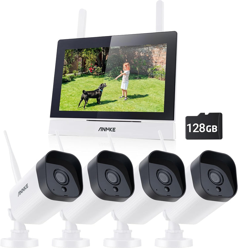 ANNKE 3MP Funk Überwachungskamera Set mit 10.1 Zoll Monitor, 4CH 5MP NVR und 4 IP Kameras Aussen mit