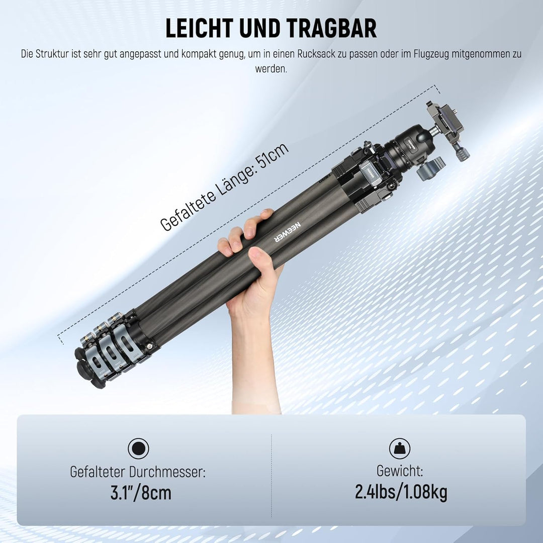 NEEWER 60,4" Reisestativ aus Carbonfaser mit abnehmbarem 360° Kugelkopf, leichtes Videokamera Stativ
