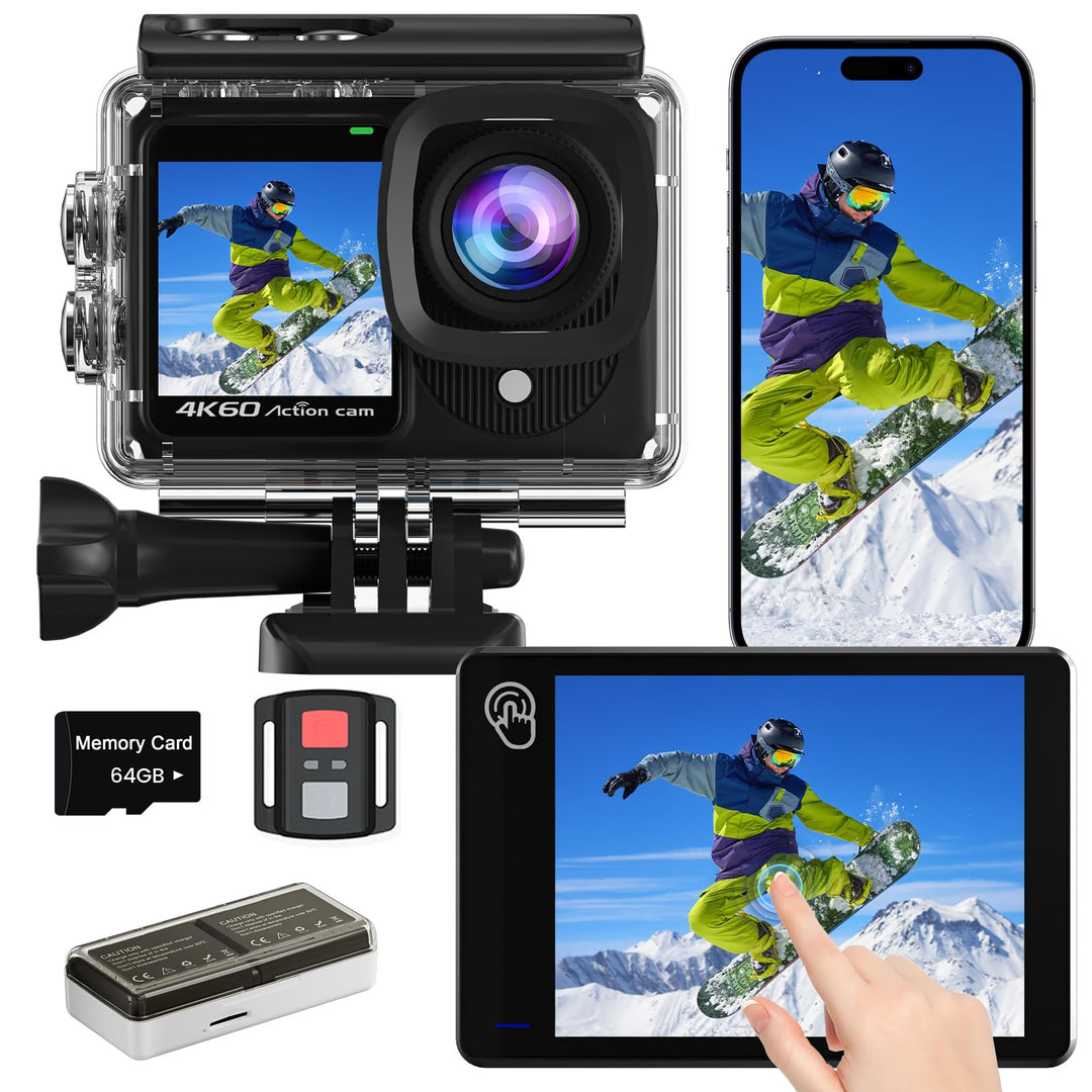 Touchscreen 4K60FPS Action Cam mit 64G Karte, 40M Unterwasserkamera 48MP HD WiFi Kamera mit EIS 8X Z
