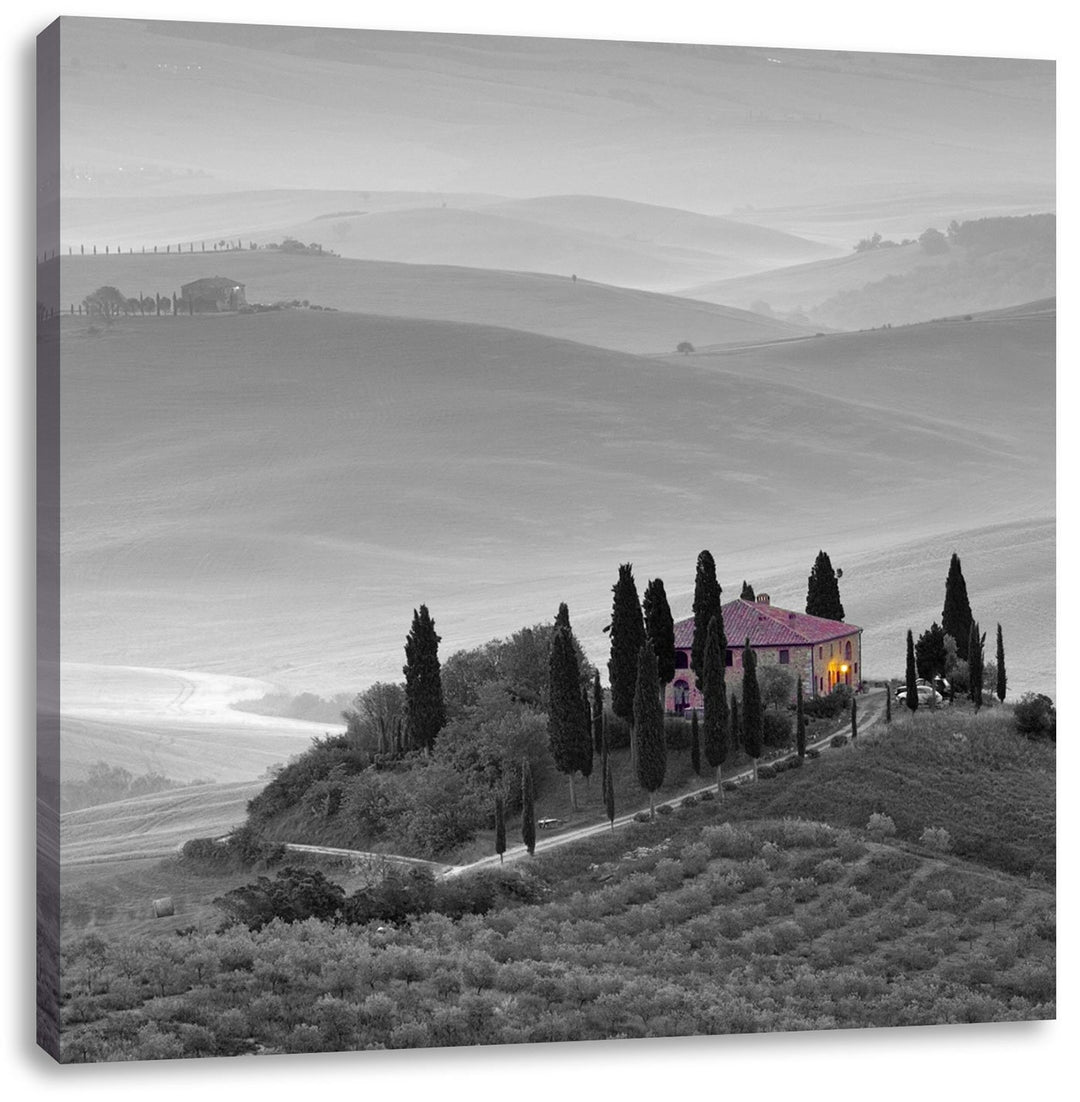 Pixxprint schöne Toskana Landschaft schwarz/weiss, Format: 70x70 auf Leinwand, 70x70