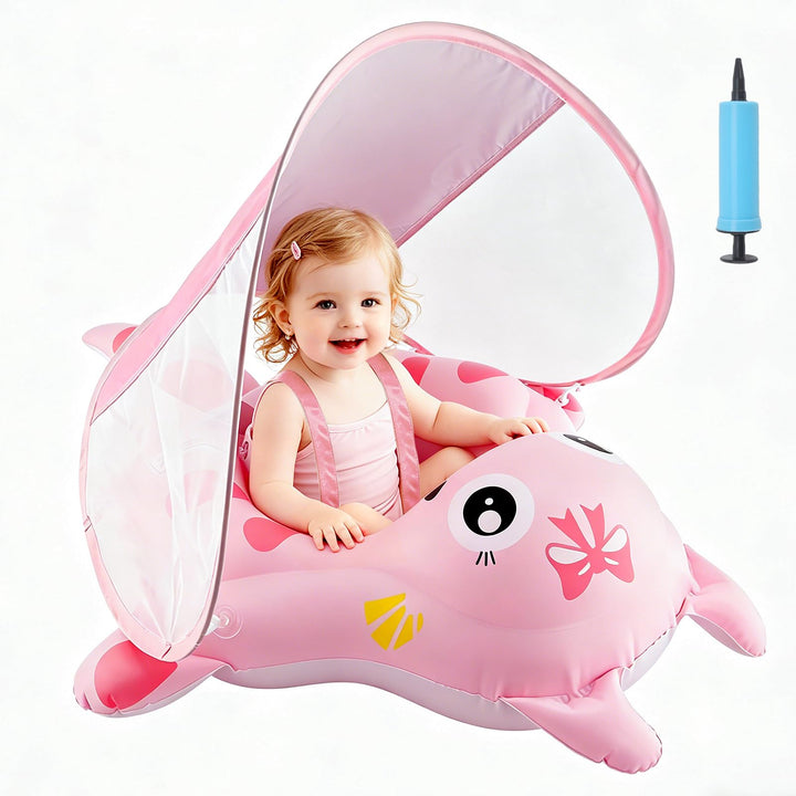 Schwimmring Baby mit Sonnendach Schwimmhilfe mit Sitz Abnehmbares Dach Stabile Form Rochen Design fü