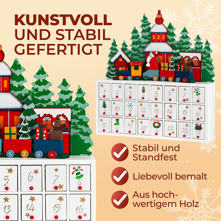 SPIELWERK® Adventskalender Winterlandschaft zum Befüllen wiederverwendbar 24 Türchen Bunt Bemalt Wei