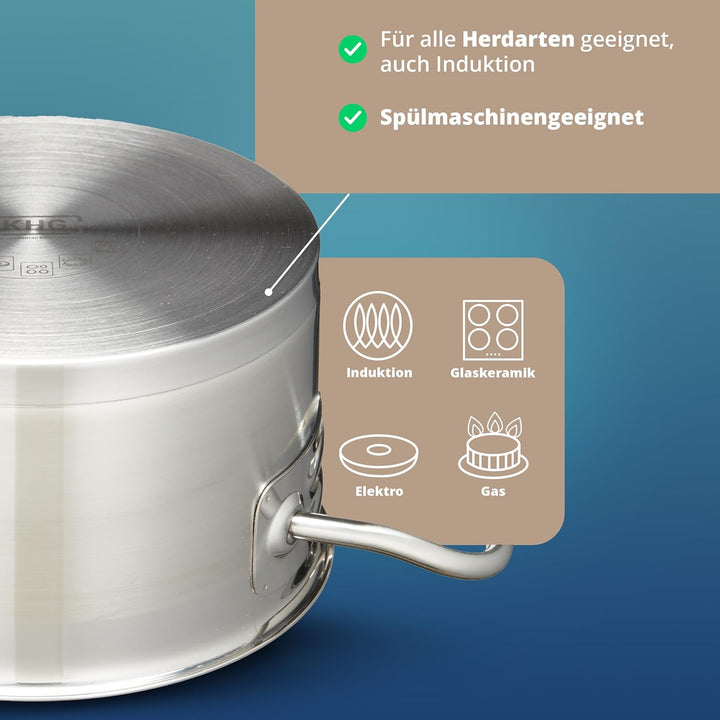 KHG Topf Kochtopf Fleischtopf 16 cm Induktion, Edelstahl unbeschichtet inkl. Glasdeckel | 9,5 cm hoh