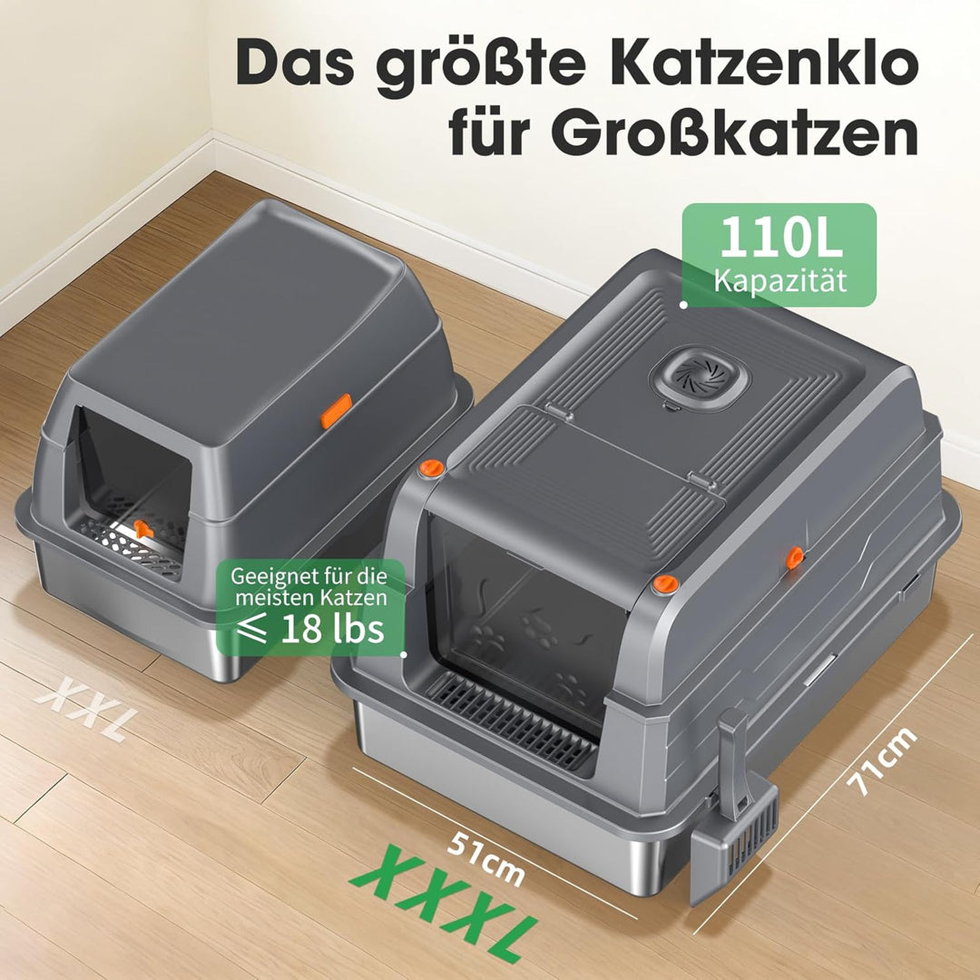XXXL Edelstahl Katzentoilette mit Deckel – extra grosse geschlossene Katzenklos mit hohen Seitenwänd