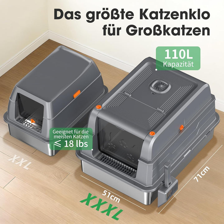 XXXL Edelstahl Katzentoilette mit Deckel – extra grosse geschlossene Katzenklos mit hohen Seitenwänd