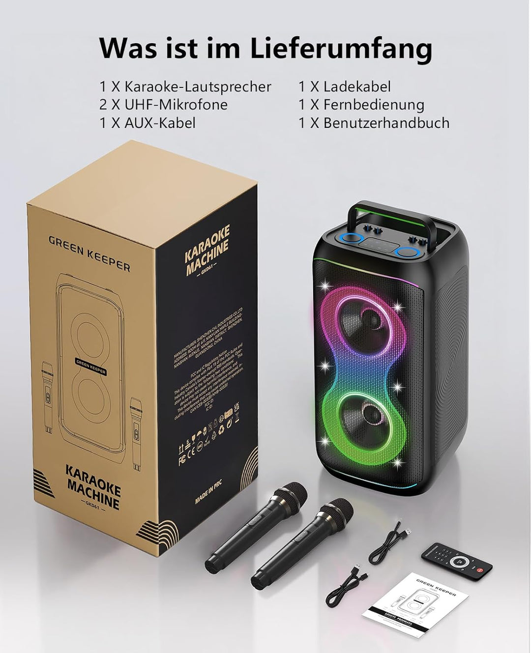 GKD61 Karaoke-Maschine für Erwachsene, 2 Kabellose UHF-Mikrofone, 400W Spitzenleistung, Tragbarer Bl